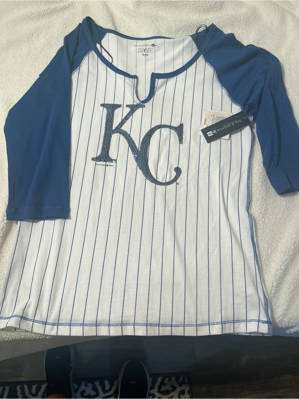 5th & Ocean KC Pinstripe Raglan Top in Blue & White